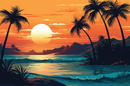 Tropical sunset with palm trees and sea. Vector illustration.の素材