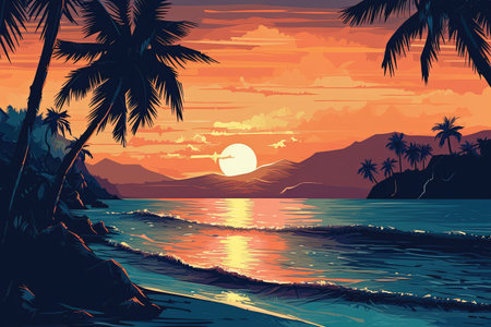 Beautiful sunset at the beach. Vector illustration in retro style.の素材