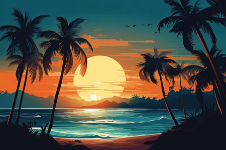 Tropical sunset on the beach with palm trees. Vector illustrationの素材