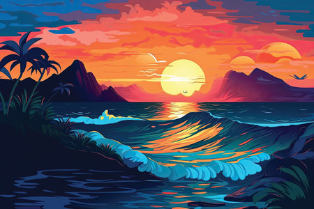 Illustration of a beautiful sunset over the ocean. Vector illustration.の素材