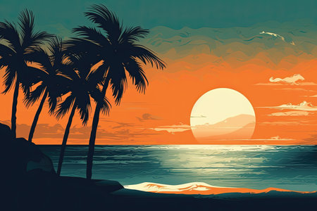 Tropical sunset with palm trees on the beach, vector illustrationの素材