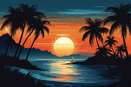 Tropical sunset with palm trees and sea. Vector illustration.の素材