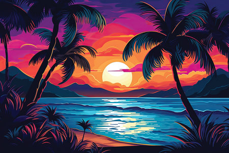 Sunset on the beach with palm trees. Vector illustration in retro style.の素材