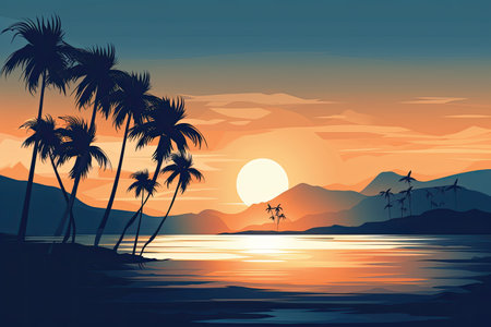 Silhouette of palm trees on the beach at sunset. Vector illustrationの素材