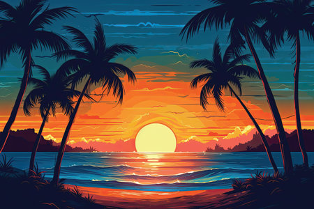 Beautiful sunset on the beach with palm trees. Vector illustration.の素材