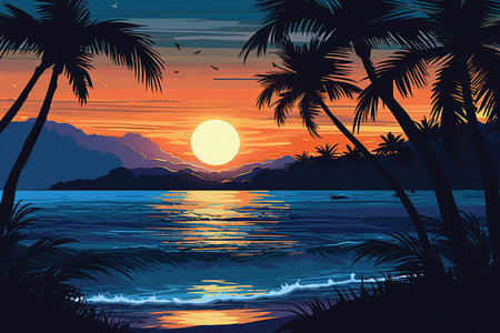 Tropical sunset on the beach with palm trees, vector illustrationの素材