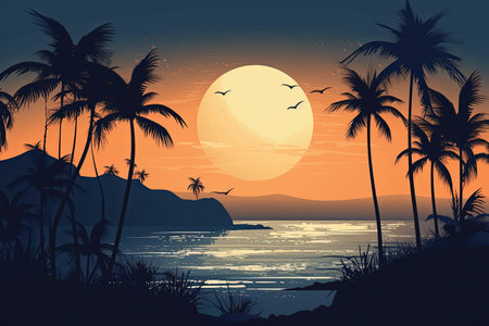 Illustration of sunset with palm trees and sea in retro style.の素材