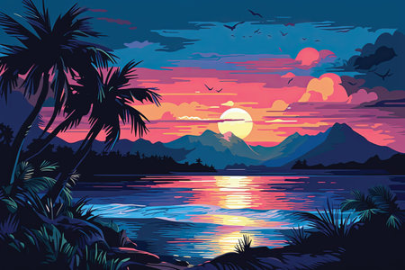 Beautiful sunset on the lake with palm trees. Vector illustration.の素材