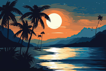 Beautiful sunset over the sea with palm trees. Vector illustration.の素材
