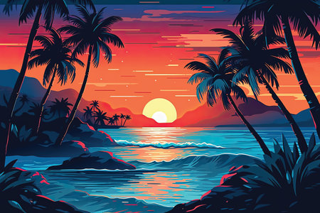 Tropical beach at sunset with palm trees, vector illustration.の素材