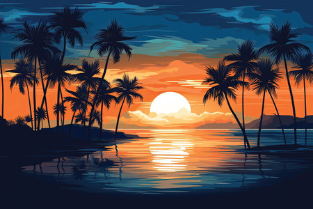 Tropical sunset with palm trees and sea. Vector illustration.の素材