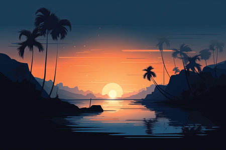 Tropical island with palm trees at sunset. Vector illustration.の素材