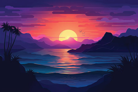 Beautiful sunset over the sea. Vector illustration in flat style.の素材