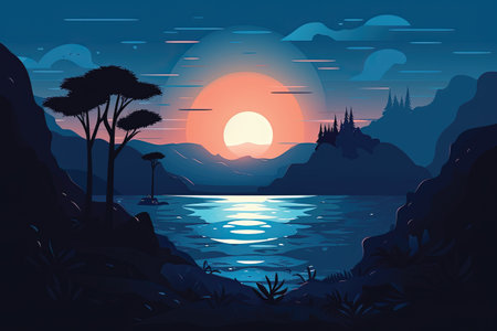 Beautiful landscape with mountains, sea and sunset. Vector illustration.の素材