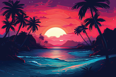 Tropical sunset with palm trees and sea. Vector illustration.の素材