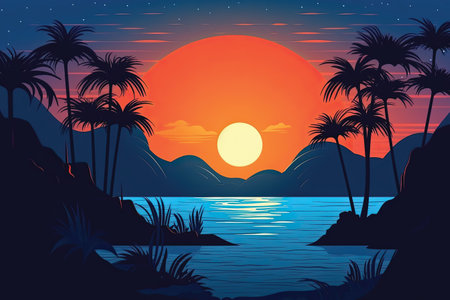 Sunset on the sea with palm trees and mountains. Vector illustration.の素材
