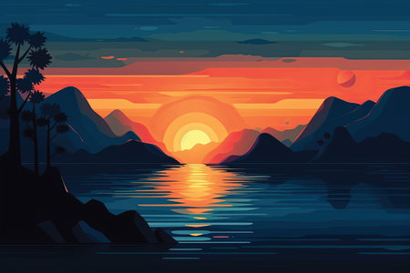 Beautiful sunset over the sea. Vector illustration in cartoon style.の素材