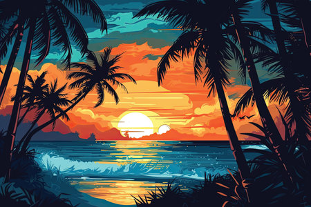 Tropical beach at sunset with palm trees. Vector illustration.の素材