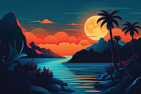 Beautiful sunset landscape with palm trees and lake. Vector illustration.の素材