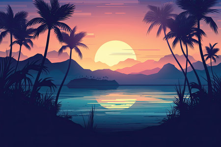 Tropical sunset with palm trees on the lake. Vector illustrationの素材