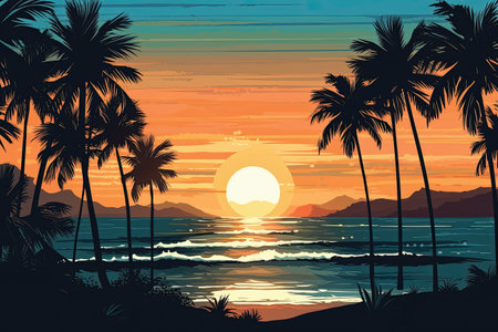 Beautiful sunset on the beach with palm trees. Vector illustration.の素材