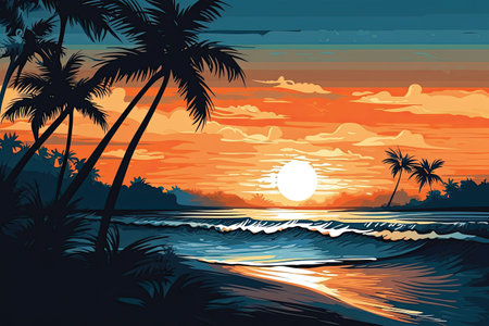 Tropical beach with palm trees and sunset. Vector illustration.の素材