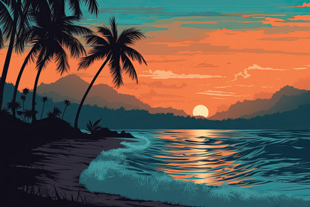 Tropical beach at sunset. Vector illustration for your design.の素材