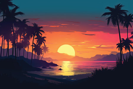 Tropical beach with palm trees at sunset. Vector illustration.の素材
