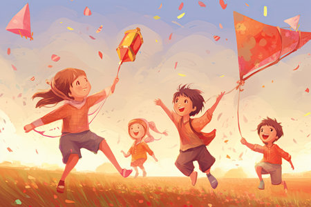 Happy family playing with kite in the field. Vector illustration.の素材