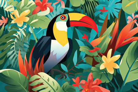 Tropical background with toucan and flowers. Vector illustration.の素材