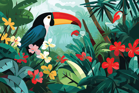 Tropical background with flowers and toucan. Vector illustration.の素材