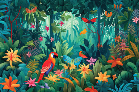 Tropical jungle background with parrots and flowers. Vector illustrationの素材