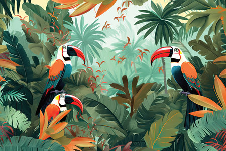 Tropical jungle background with toucans. Vector illustration.の素材