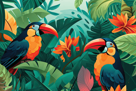 Tropical background with toucans and flowers. Vector illustrationの素材