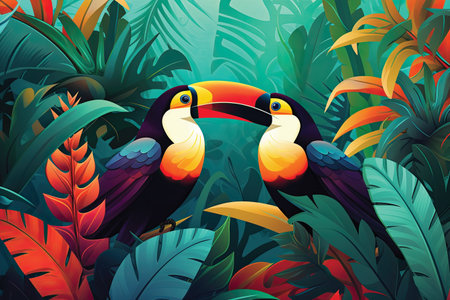 Tropical background with toucans and palm leaves. Vector illustration.の素材