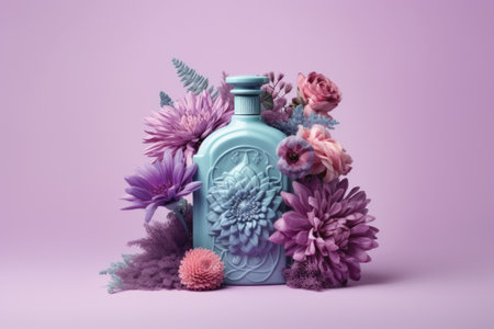 Bottle of perfume with beautiful flowers on color background, closeupの素材