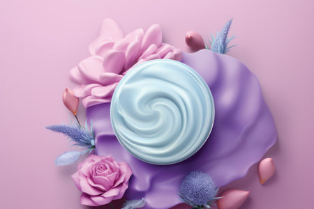 Cosmetic cream and flowers on a pink background, top view.の素材