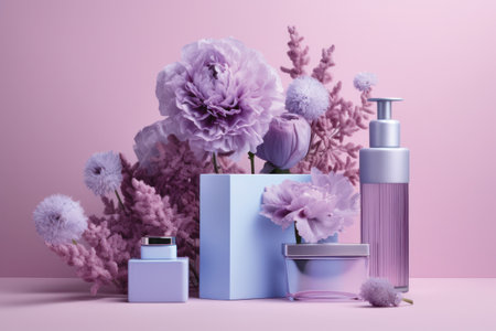 Cosmetic products with flowers on pink background. 3d rendering.の素材