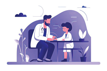 Doctor and patient in clinic vector illustration. Cartoon man and woman sitting at table and talking about medical examination. Healthcare, medicine and healthcare conceptの素材