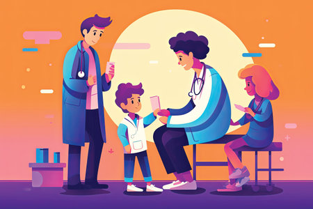 Patient at the reception at the doctor flat vector illustration. Doctor examining a child with a stethoscope.の素材