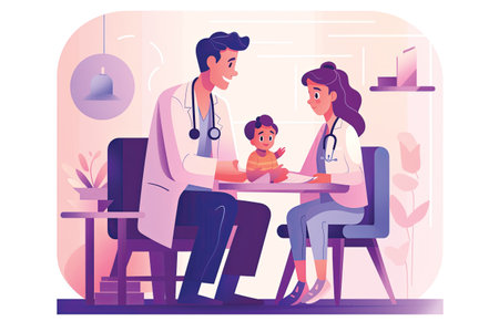 Doctor pediatrician examining little baby in clinic. Doctor pediatrician with stethoscope examining kid in hospital. Vector illustration in flat styleの素材