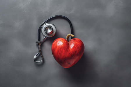 Stethoscope and red heart on black background. Health care concept.の素材