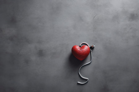 Red heart with a stethoscope on a gray background. Copy spaceの素材