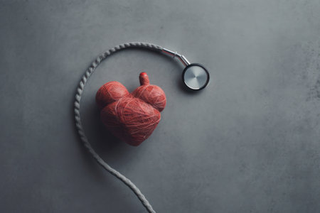 Stethoscope and red heart on grey background. Medical concept.の素材