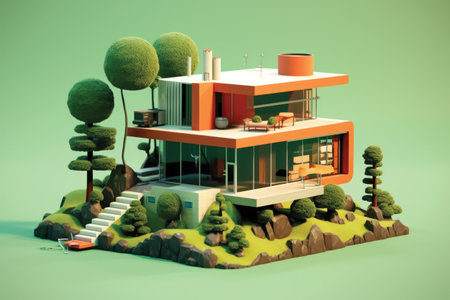3d render of a modern house on a green background with treesの素材