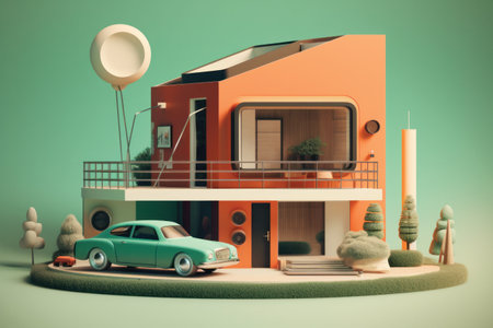 Retro house with a car. 3d render. Retro style.の素材