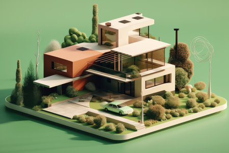 3d render of a modern house on a green background with treesの素材