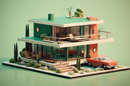 3D illustration of a modern house with a lot of plants and carsの素材