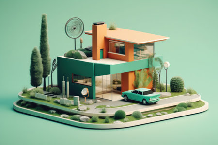 Modern house model on a green background. 3d render illustration.の素材