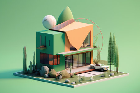 3d render of a modern house on a green background with treesの素材